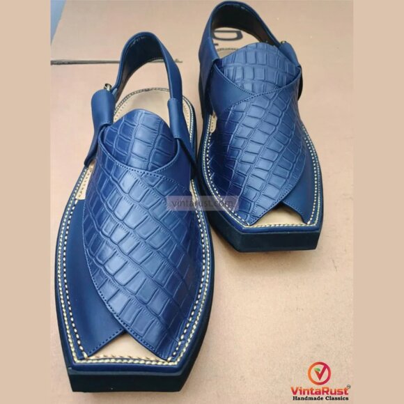 Blue Leather Sandals, Handmade Peshawari Chappal, Traditional Leather Blue main image 9